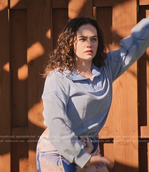 Samantha’s blue cropped sweatshirt and leggings on Cobra Kai