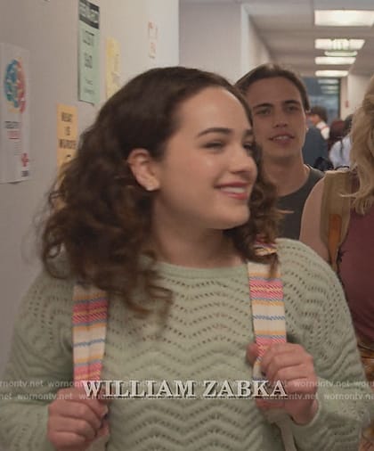 Samantha’s green pointelle knit sweater on Cobra Kai