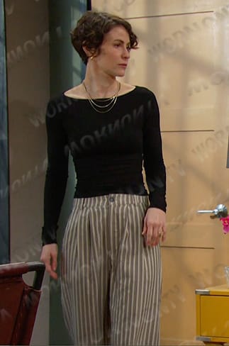 Sarah’s grey striped pants on Days of our Lives