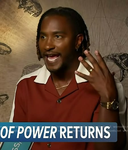 Scott’s brown colorblock shirt on Access Hollywood