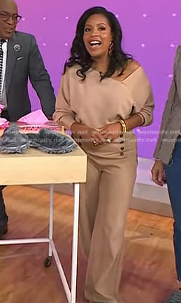 Sheinelle’s beige asymmetric sweater and wide-leg pants on Today