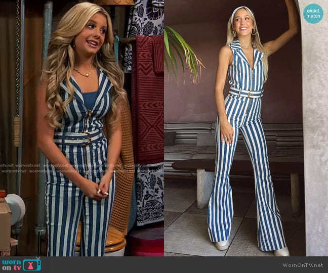 Show Me Your Mumu Jacksonville Jumpsuit in Sand N Sea Stripe Denim worn by Destiny Baker (Mallory James Mahoney) on Bunkd