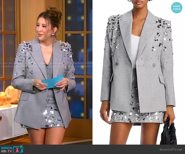 Simkhai Larissa Embellished Mini Skirt in Heather Grey worn by Kenzie Welch on Good Morning America