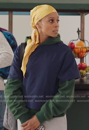 Simone’s blue colorblock hoodie on All American Homecoming