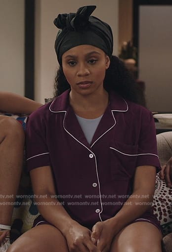 Simone’s maroon contrast trim pajamas on All American Homecoming