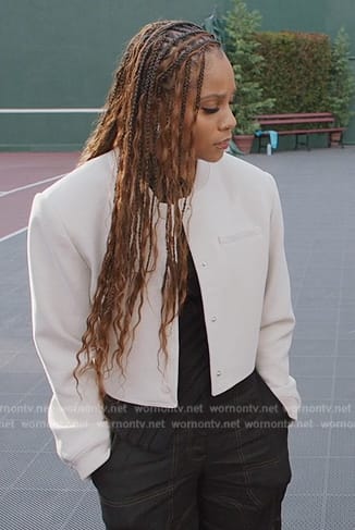 Simone’s white bomber jacket on All American Homecoming