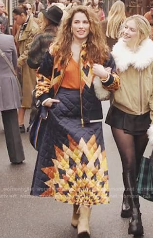 Sofia’s black printed quilted jacket and skirt on Emily in Paris