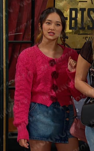 Sophia’s pink cardigan and denim wrap mini skirt on Days of our Lives
