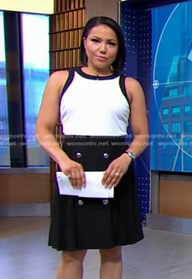 Stephanie’s white top and black pleated skirt on Good Morning America