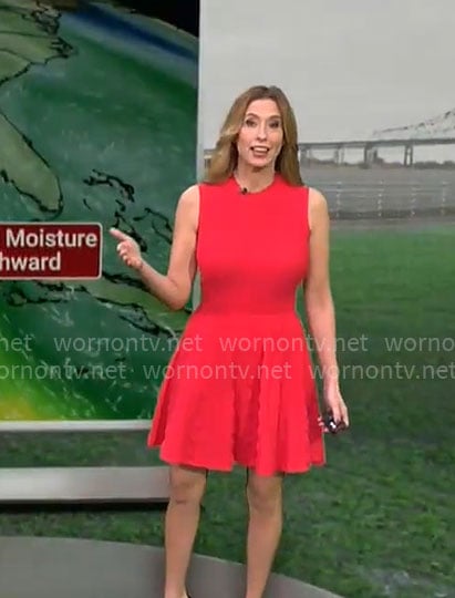 Stephanie Abrahms’s red sleeveless knit dress on CBS Mornings