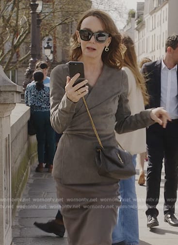 Sylvie’s gray suede wrap jacket and skirt on Emily in Paris