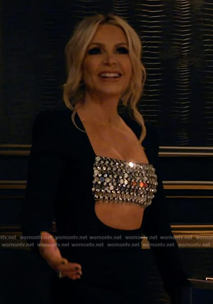 Tamra’s black embellished cutout dress on The Real Housewives of Orange County