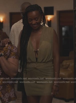 Tianna’s olive plunging mini dress on Bel-Air