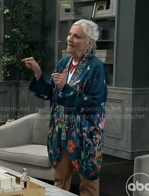 Tracy’s teal floral kimono jacket on General Hospital