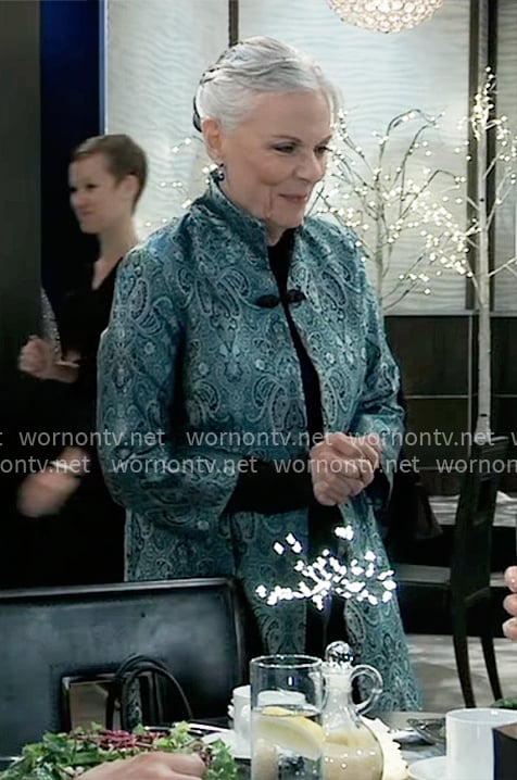 Tracy’s blue paisley print jacket on General Hospital