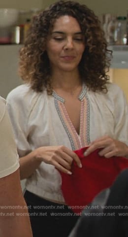 Carmen’s embroidered top on Cobra Kai