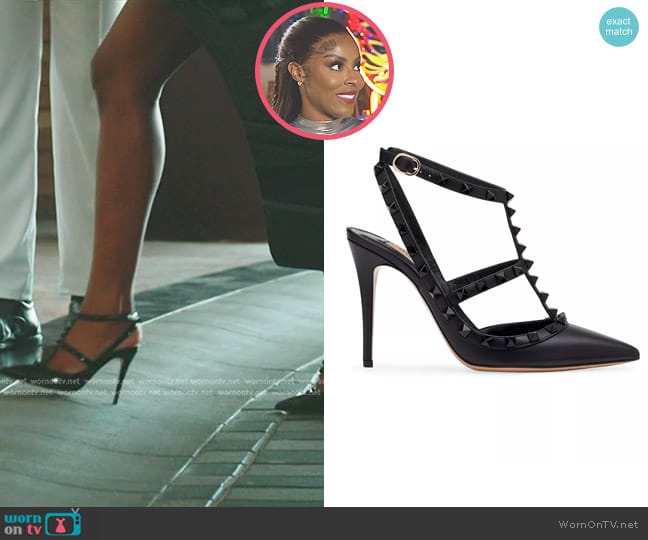 Valentino Garavani Rockstud Patent T-Strap Pointed Toe Pump in Nero worn by Caroline Brooks (Caroline Brooks) on The Real Housewives of Dubai