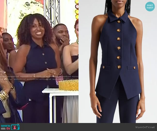 Veronica Beard Orlinda Sleeveless Vest in Navy worn by Talia Parkinson on Today