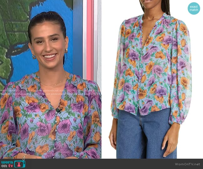 Veronica Beard Syden Floral Silk Buton-Up Blouse in Lake Blue Multi worn by Angie Lassman on NBC News Daily
