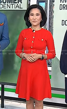 Vicky’s red knit dress with gold buttons on Today