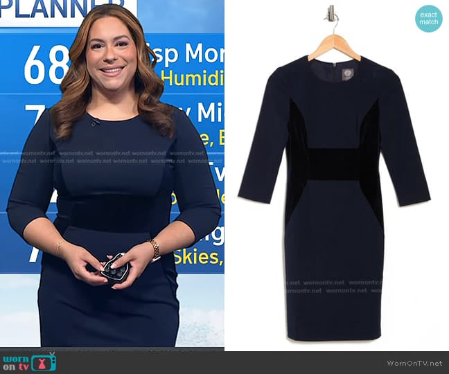 Vince Camuto Velvet Panel Scuba Crepe Sheath Dress in Navy worn by Violeta Yas on Today