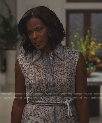 Viv’s blue paisley print top and skirt on Bel-Air