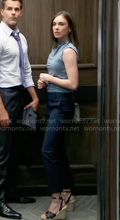 Willow’s steel blue draped top and wedge sandals on General Hospital