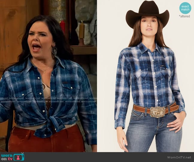 Wrangler Western Snap Plaid Denim Shirt in Medium Wash worn by Lou Hockhauser (Miranda May) on Bunkd