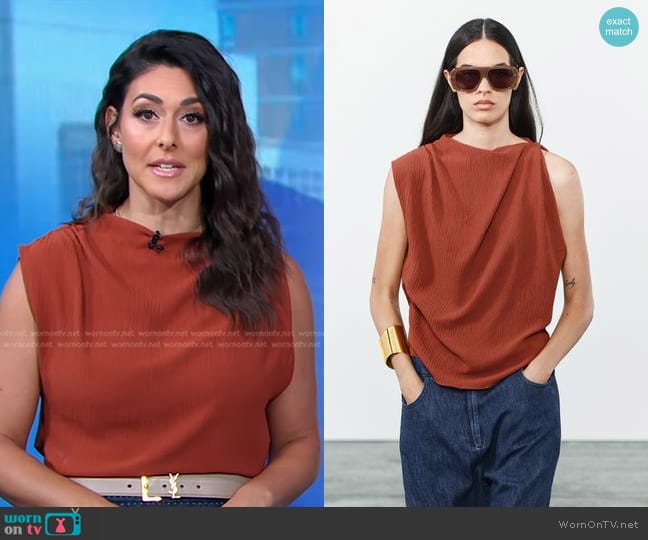 Zara Asymmetric Rustic Top in Russet worn by Erielle Reshef on Good Morning America