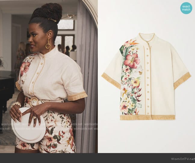 Zimmermann Lexi raffia-trimmed floral-print linen shirt worn by Vivian Banks (Cassandra Freeman) on Bel-Air