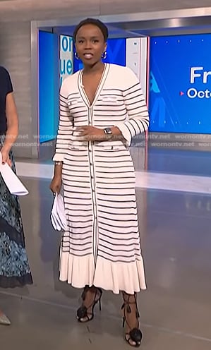 Zinhle’s white striped v-neck dress and sandals on NBC News Daily