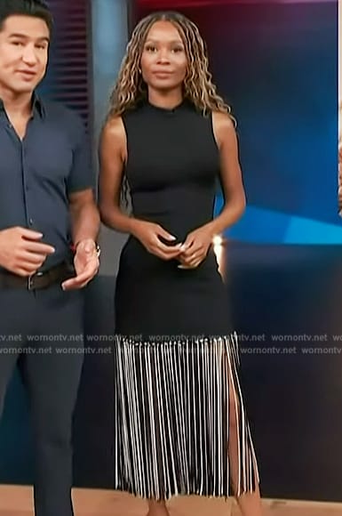 Zuri’s black sleeveless fringe dress on Access Hollywood