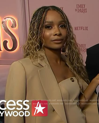 Zuri’s strapless dress and blazer on Access Hollywood