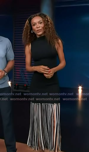 Zuri’s black sleeveless fringe dress on Access Hollywood
