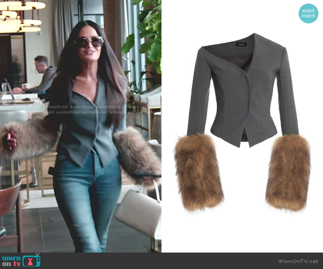 Asymmetric Faux Fur-Trimmed Jacket in grey A.W.A.K.E. MODE worn by Lisa Barlow on The Real Housewives of Salt Lake City