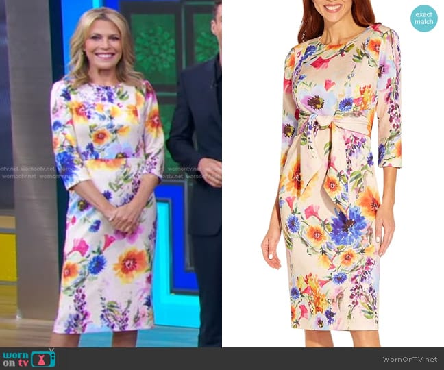 Adrianna Papell Tie Front Sheath Dress in Praline Multi worn by Vanna White on Good Morning America
