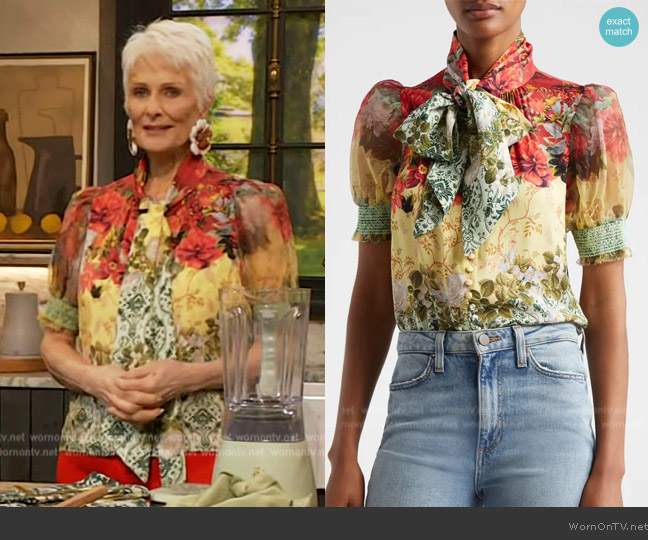 Alice + Olivia Brentley Bow Blouse worn by Cristina Ferrare on The Drew Barrymore Show