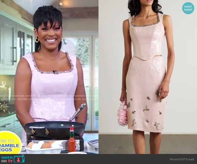 Clio Peppiatt Blossom Crystal-embellished Sequined Tulle Bustier Top in Blush worn by Tamron Hall on Good Morning America