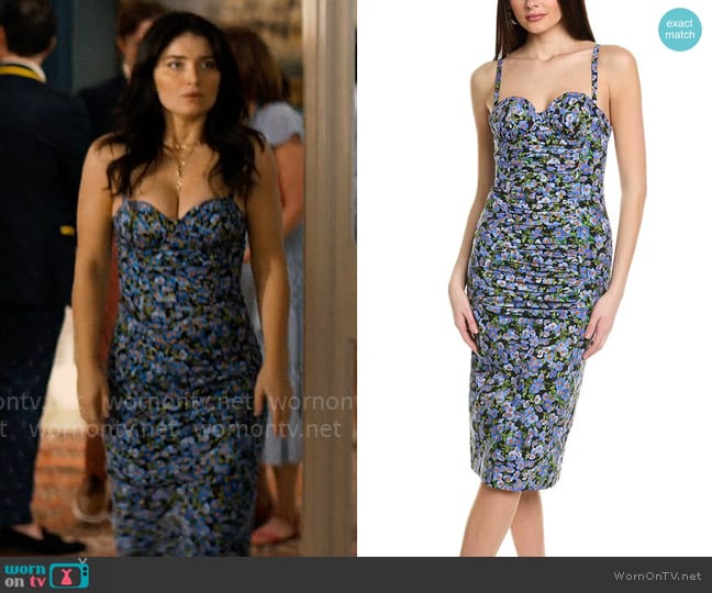 Caroline Herrera Spaghetti Strap Sweetheart Midi Dress worn by Amelia Sacks (Eve Hewson) on The Perfect Couple