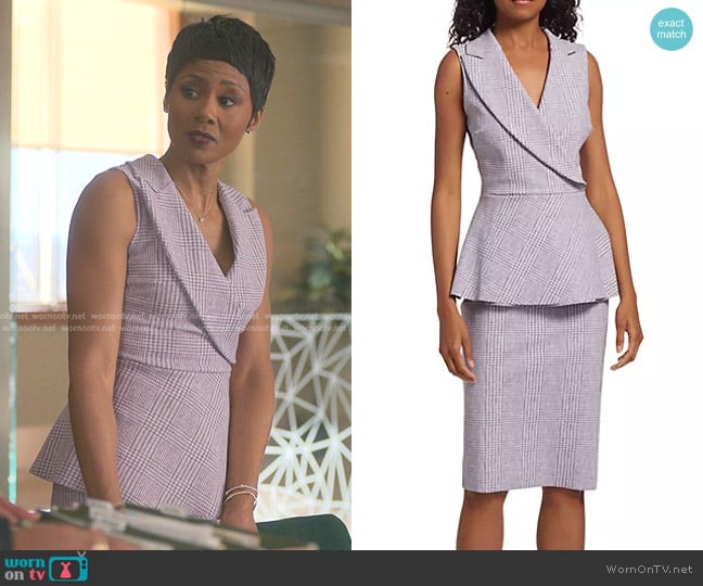 Chiara Boni La Petite Robe Dominietta Plaid Peplum Dress in Plum Glen Plaid worn by Jax Stewart (Emayatzy Corinealdi) on Reasonable Doubt