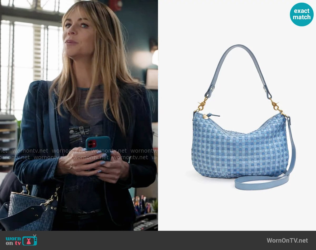 Clare V Moyen Messenger Bag in Light Blue Woven Checker worn by Morgan Gillory (Kaitlin Olson) on High Potential