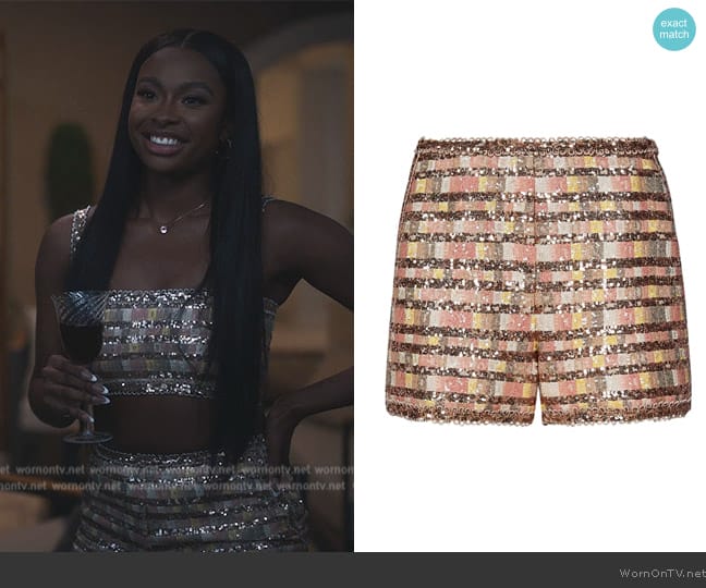 Elie Saab Chameleon Sequin-Embellished Shorts worn by Hilary Banks (Coco Jones) on Bel-Air