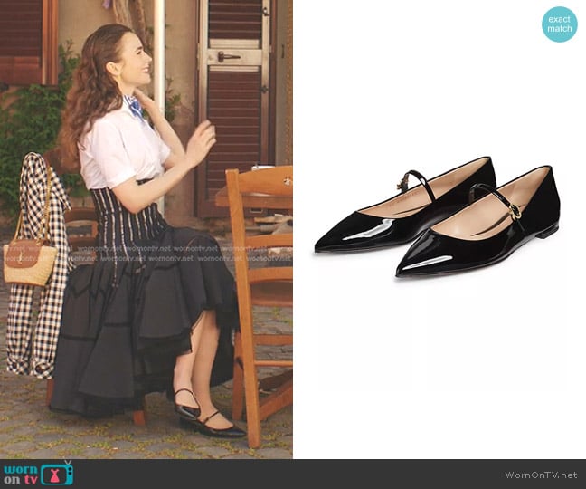 Gianvito Rossi Ribbon Patent Leather Ballet Flats worn by Emily Cooper (Lily Collins) on Emily in Paris
