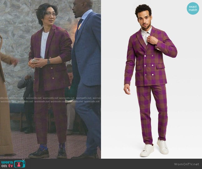 Houston White Holiday Suiting Gingham Checkered Blazer in Purple/Brown worn by Daniel Kim (Tim Jo) on Reasonable Doubt