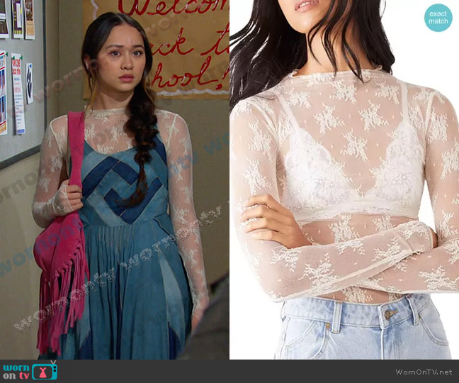 Free People Lady Lux Floral Mesh Layering Top in Evening Creme worn by Sophia Choi (Madelyn Kientz) on Days of our Lives