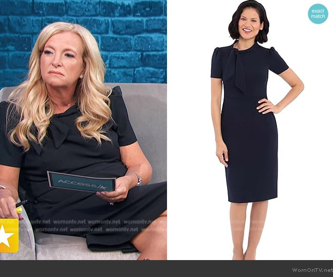 Maggy London Short Sleeve Sheath with Neck Tie in Ml Fir worn by Alison Triessl on Access Hollywood