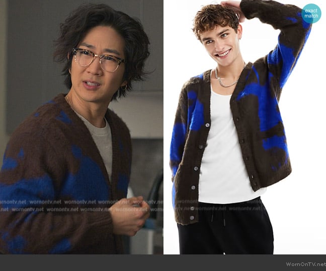Obey Luka Splatter Cardigan worn by Daniel Kim (Tim Jo) on Reasonable Doubt
