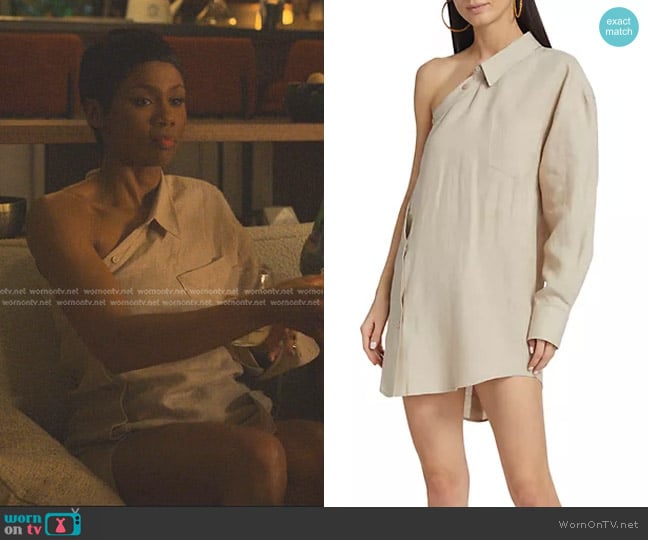 Piece of White Blake Linen One-Shoulder Minidress in Peanut worn by Jax Stewart (Emayatzy Corinealdi) on Reasonable Doubt