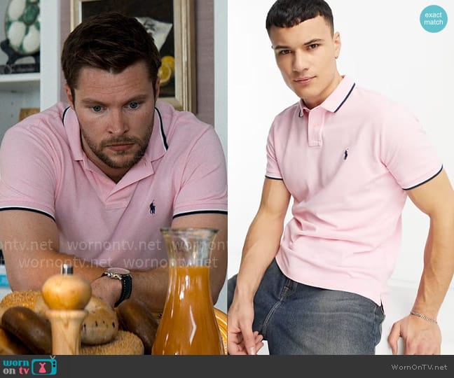 Polo Ralph Lauren Icon logo tiped pique polo custom fit in pink worn by Thomas Winbury (Jack Reynor) on The Perfect Couple