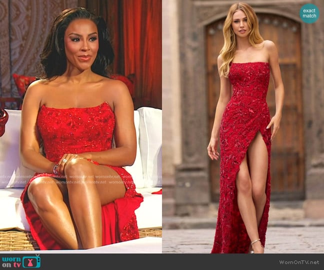 Sherri Hill 55411 Strapless Beaded Prom Gown in Red worn by Caroline Brooks (Caroline Brooks) on The Real Housewives of Dubai
